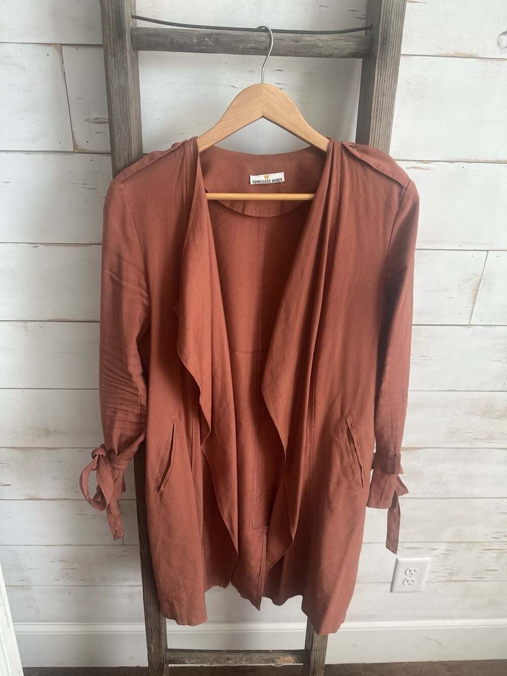 Tennessee Honey Rust Open Front Draped Duster Jacket with Tie Cuffs